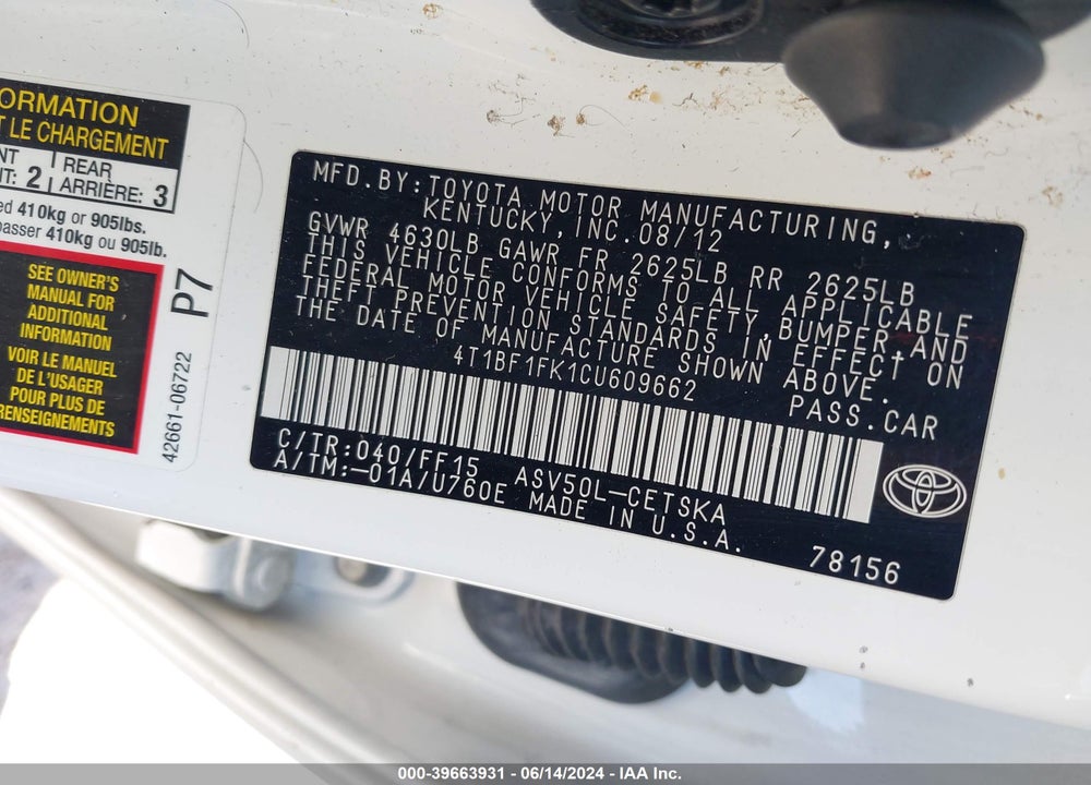 2012 TOYOTA CAMRY SE VIN: 4T1BF1FK1CU609662