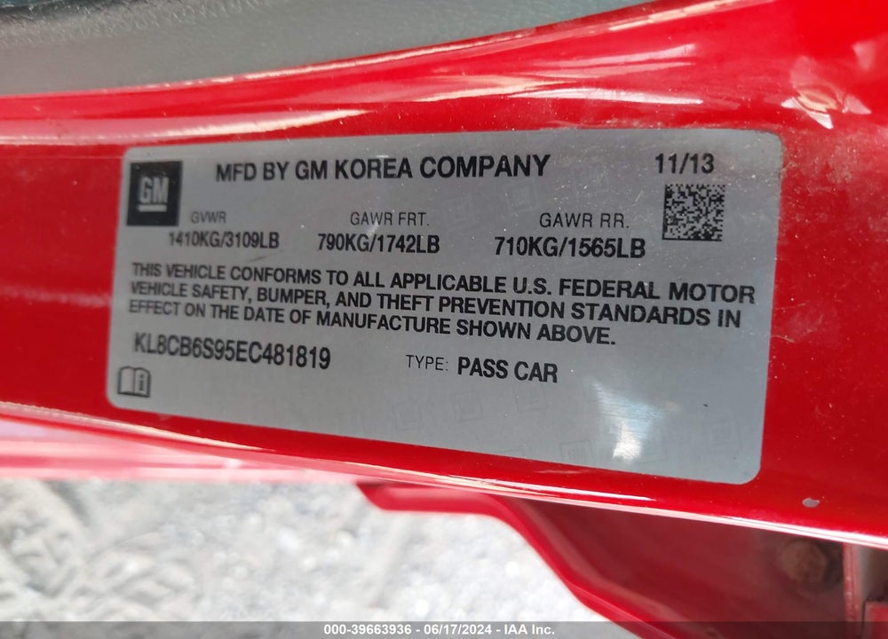 2014 CHEVROLET SPARK LS AUTO VIN: KL8CB6S95EC481819