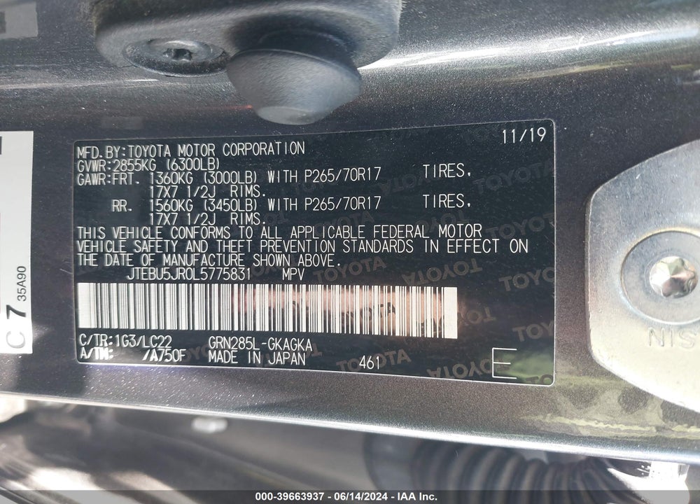 2020 TOYOTA 4RUNNER TRD OFF ROAD PREMIUM VIN: JTEBU5JR0L5775831