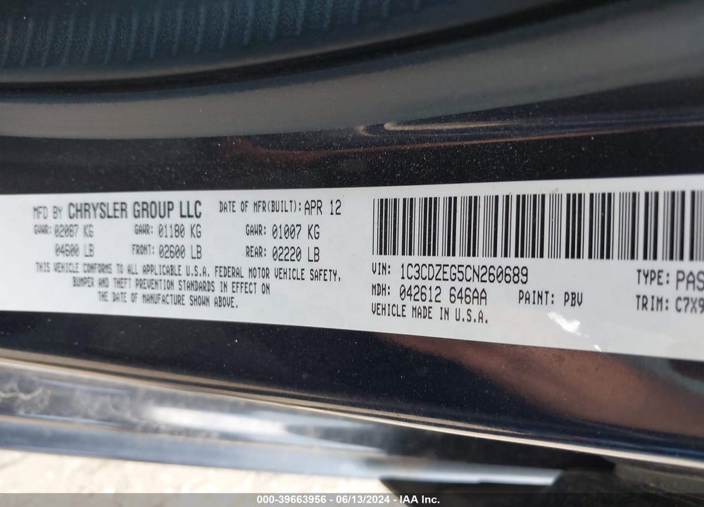 2012 DODGE AVENGER SXT PLUS VIN: 1C3CDZEG5CN260689