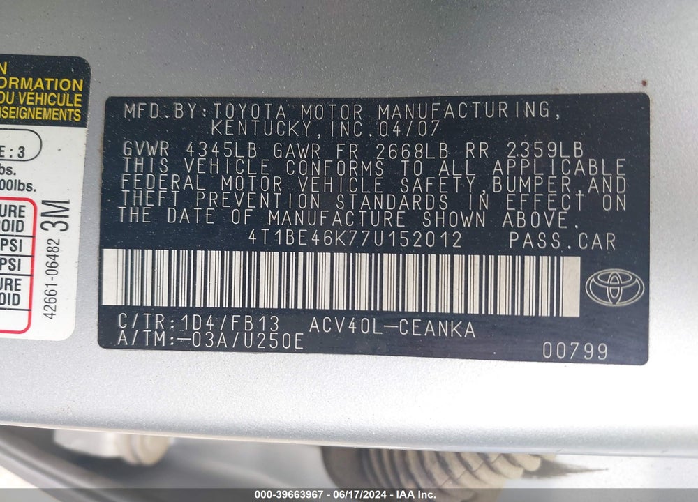 2007 TOYOTA CAMRY LE VIN: 4T1BE46K77U152012