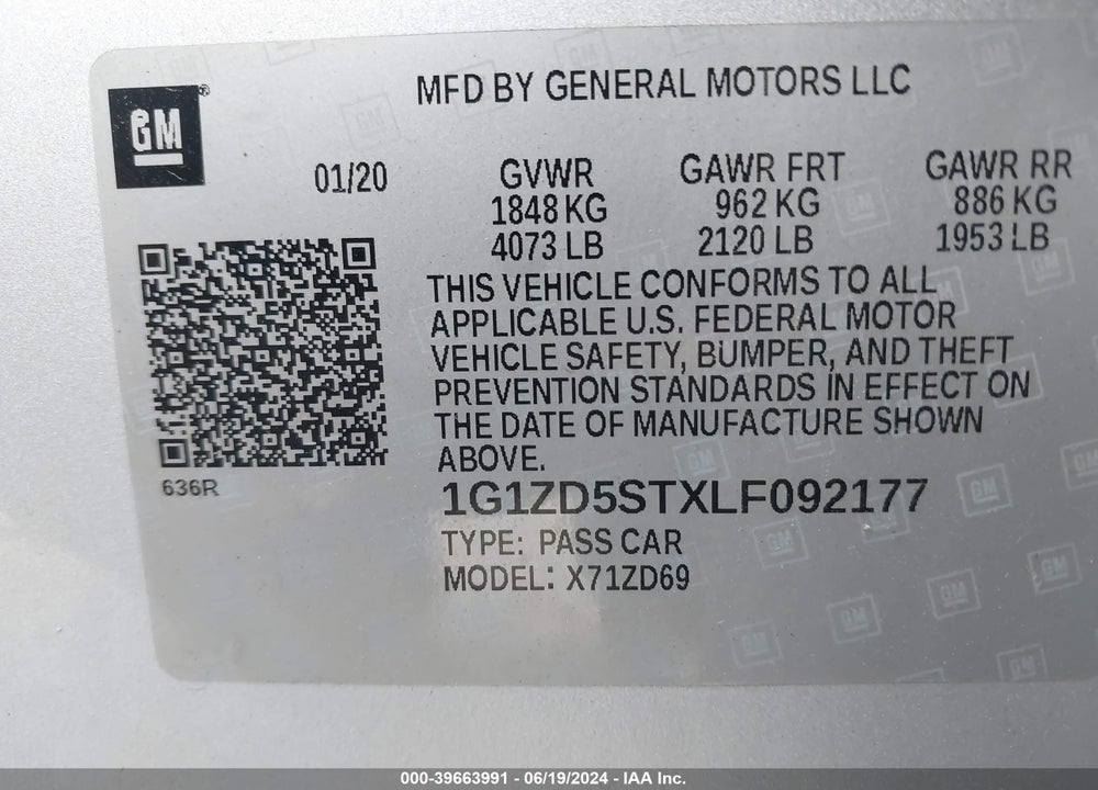 2020 CHEVROLET MALIBU FWD LT VIN: 1G1ZD5STXLF092177
