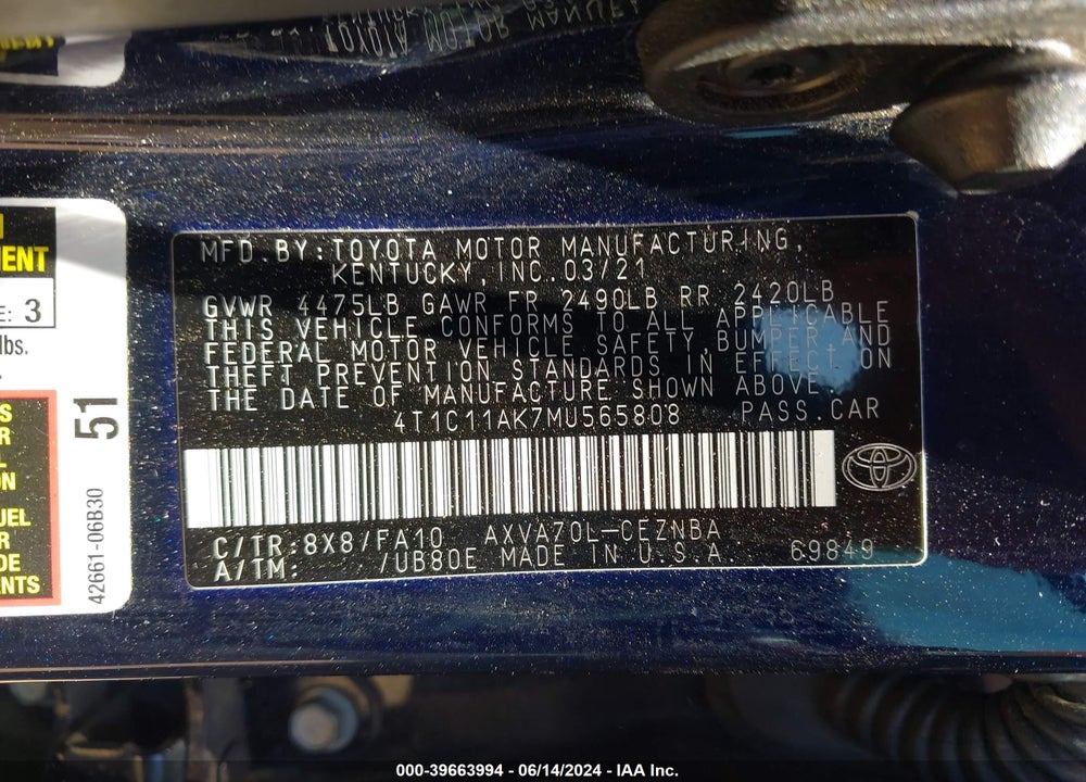 2021 TOYOTA CAMRY LE VIN: 4T1C11AK7MU565808