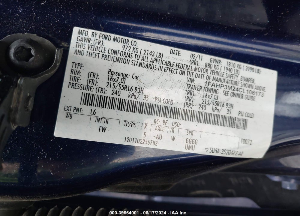 2012 FORD FOCUS SEL VIN: 1FAHP3M24CL108173