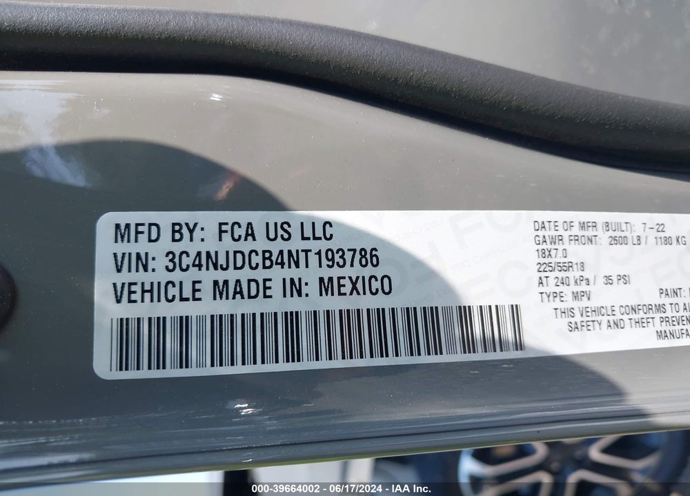 2022 JEEP COMPASS LIMITED 4X4 VIN: 3C4NJDCB4NT193786