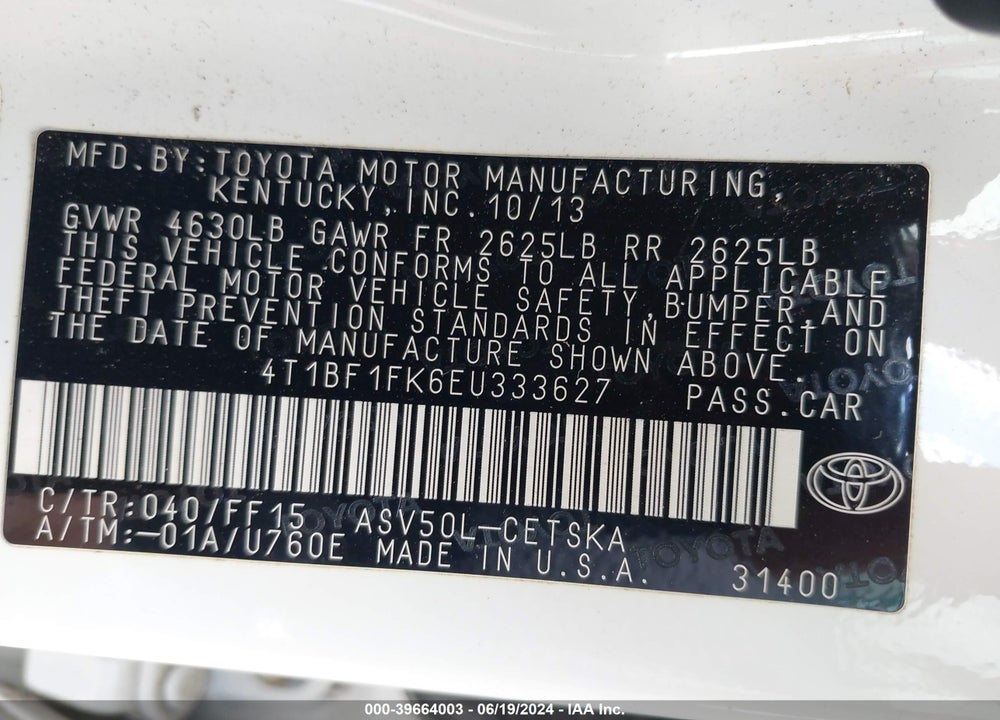 2014 TOYOTA CAMRY SE VIN: 4T1BF1FK6EU333627