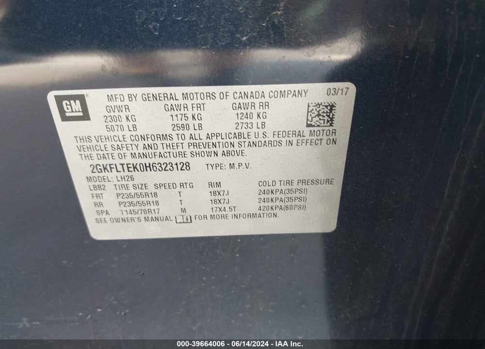 2017 GMC TERRAIN SLE-2 VIN: 2GKFLTEK0H6323128