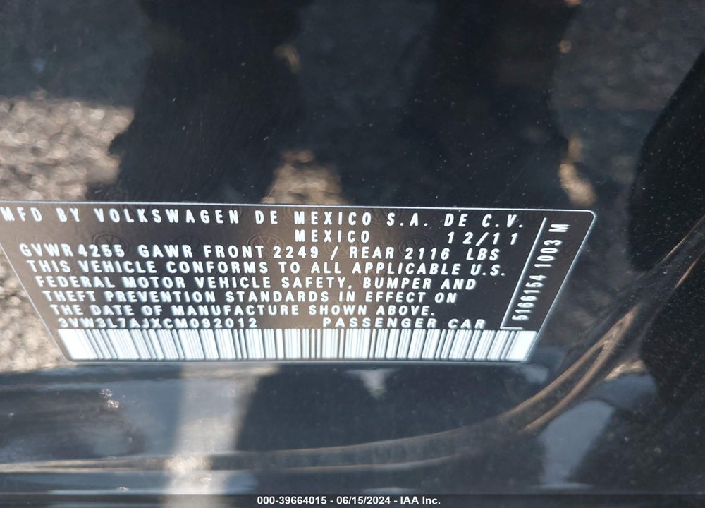 2012 VOLKSWAGEN JETTA 2.0L TDI VIN: 3VW3L7AJXCM092012