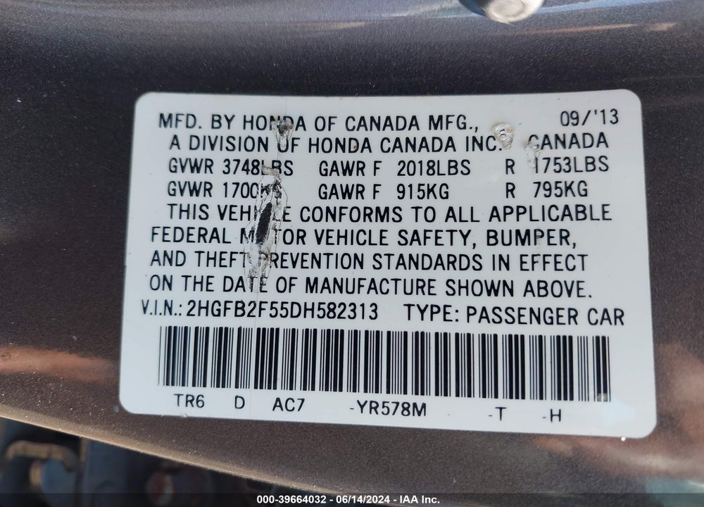 2013 HONDA CIVIC LX VIN: 2HGFB2F55DH582313