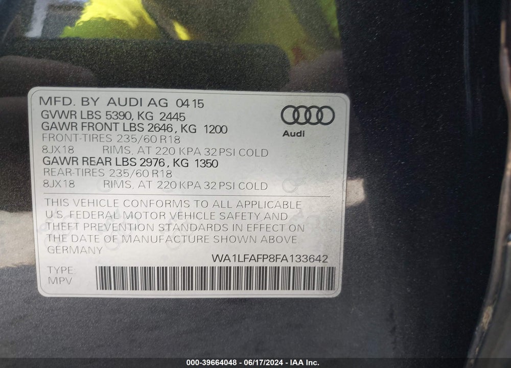 2015 AUDI Q5 2.0T PREMIUM VIN: WA1LFAFP8FA133642