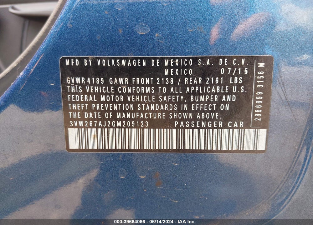 2016 VOLKSWAGEN JETTA 1.4T S VIN: 3VW267AJ2GM209123