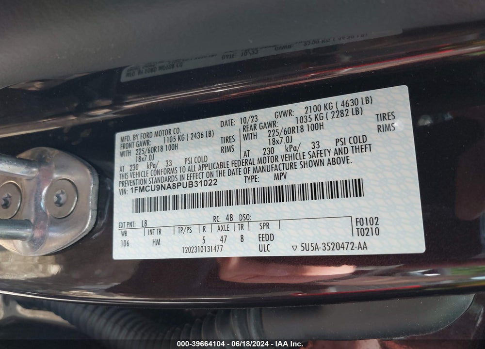 2023 FORD ESCAPE ST-LINE SELECT VIN: 1FMCU9NA8PUB31022