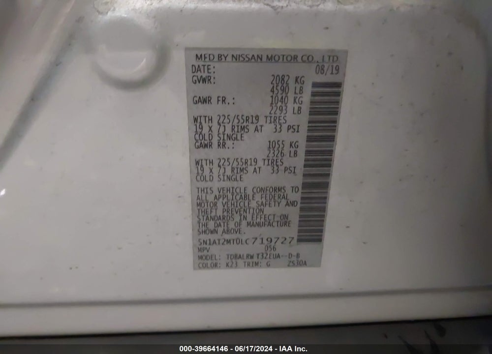 2020 NISSAN ROGUE SL FWD VIN: 5N1AT2MT0LC719727