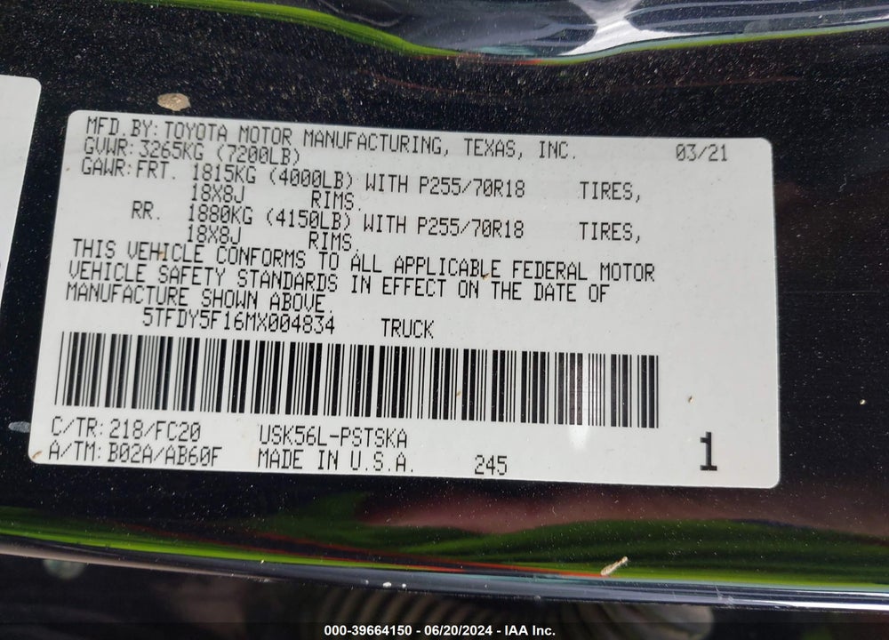 2021 TOYOTA TUNDRA SR5 VIN: 5TFDY5F16MX004834