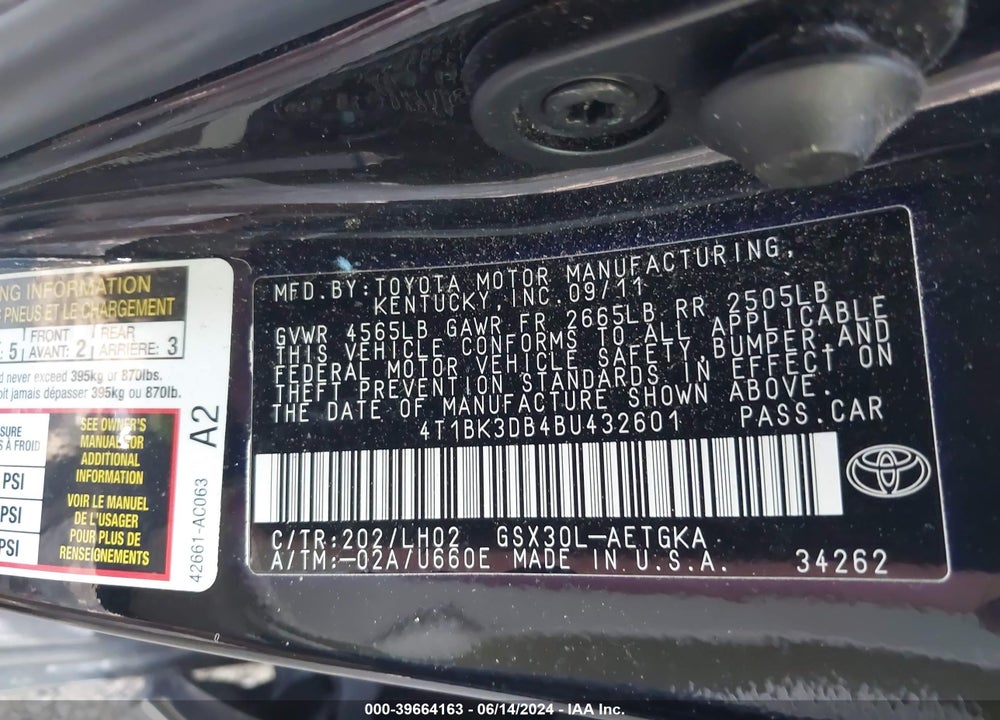 2011 TOYOTA AVALON VIN: 4T1BK3DB4BU432601