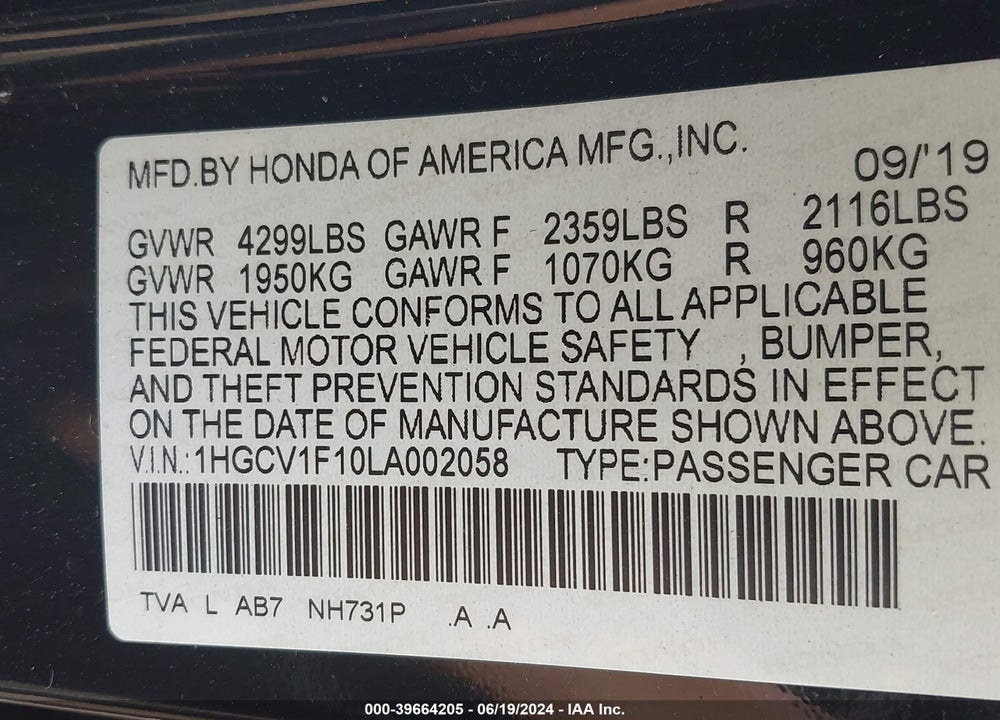 2020 HONDA ACCORD LX VIN: 1HGCV1F10LA002058