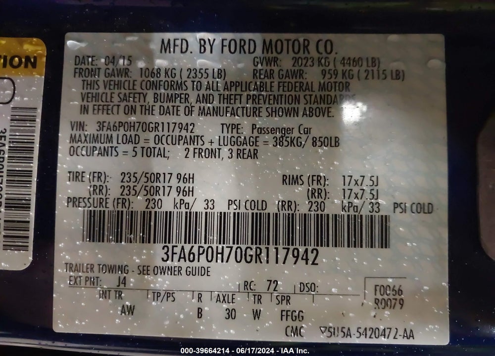 2016 FORD FUSION SE VIN: 3FA6P0H70GR117942