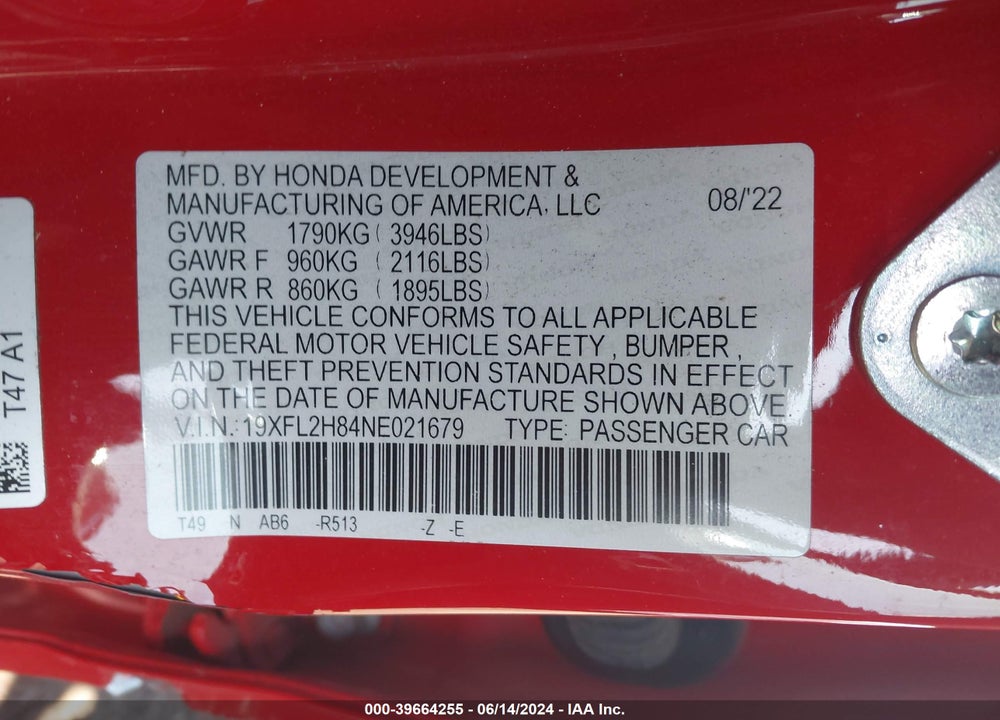 2022 HONDA CIVIC SPORT VIN: 19XFL2H84NE021679