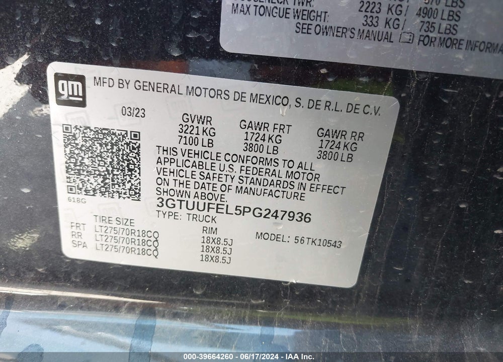 2023 GMC SIERRA 1500 AT4X VIN: 3GTUUFEL5PG247936