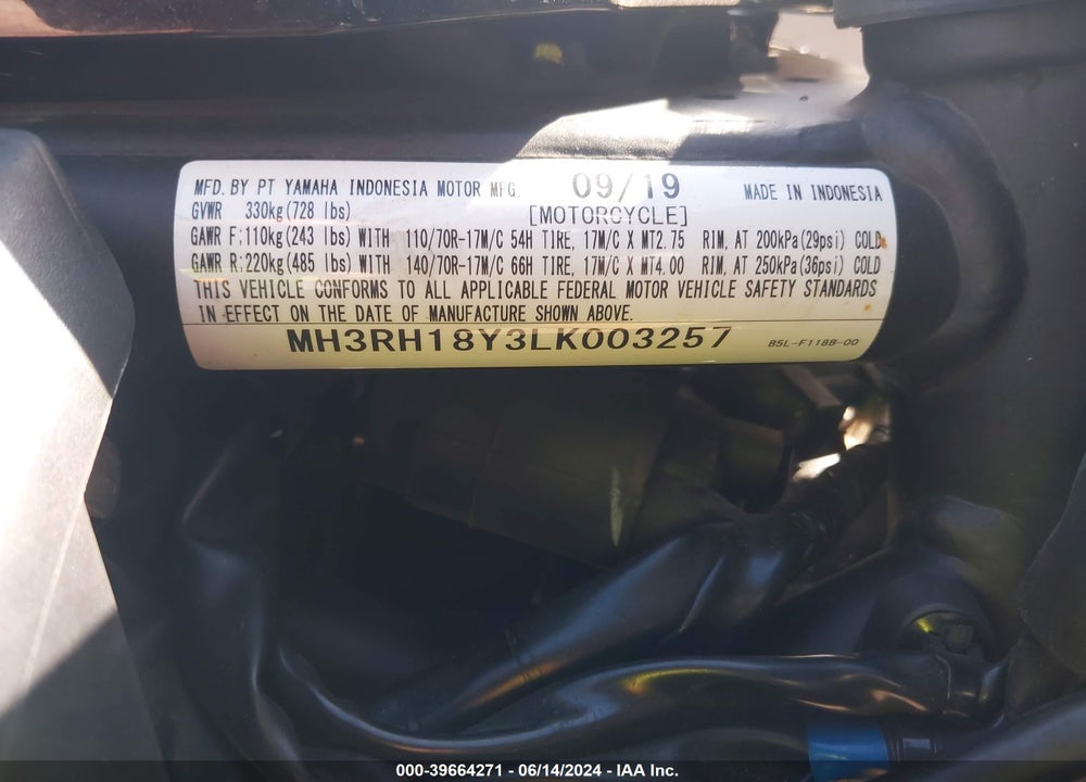 2020 YAMAHA YZFR3 A VIN: MH3RH18Y3LK003257
