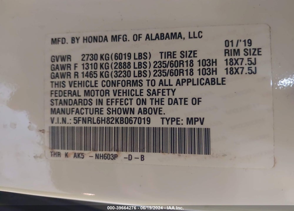 2019 HONDA ODYSSEY TOURING VIN: 5FNRL6H82KB067019