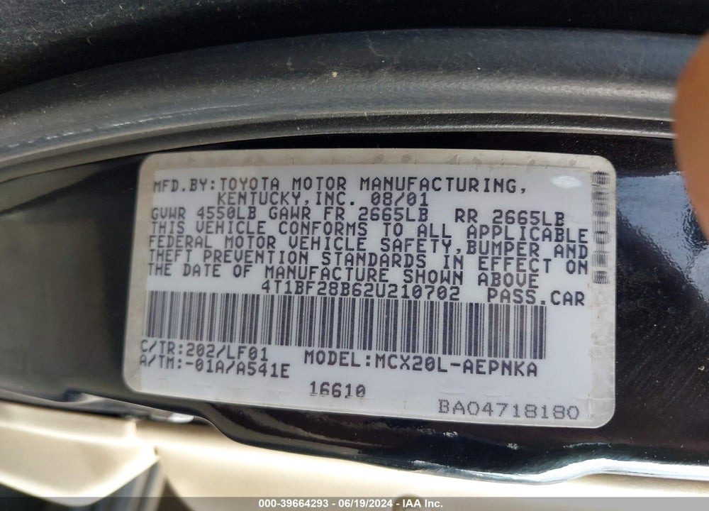2002 TOYOTA AVALON VIN: 4T1BF28B62U210702