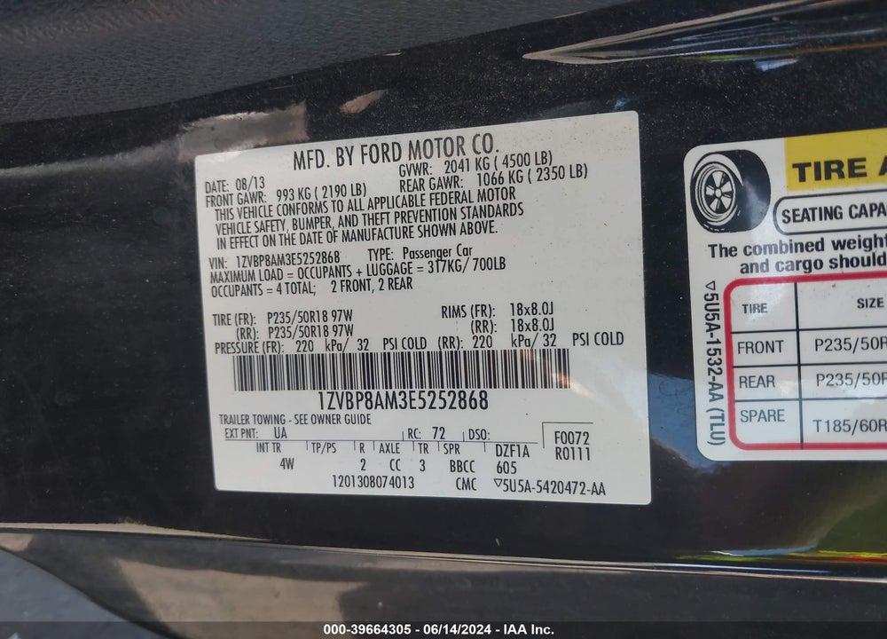 2014 FORD MUSTANG V6 PREMIUM VIN: 1ZVBP8AM3E5252868