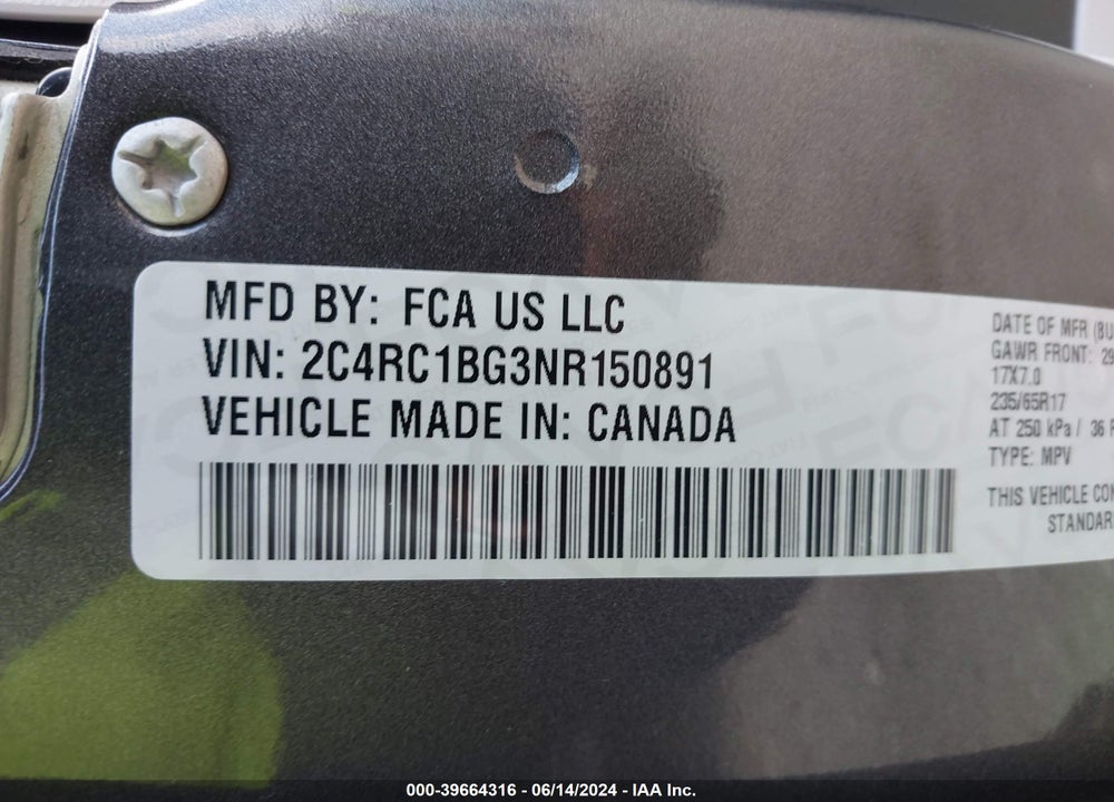 2022 CHRYSLER PACIFICA TOURING L VIN: 2C4RC1BG3NR150891