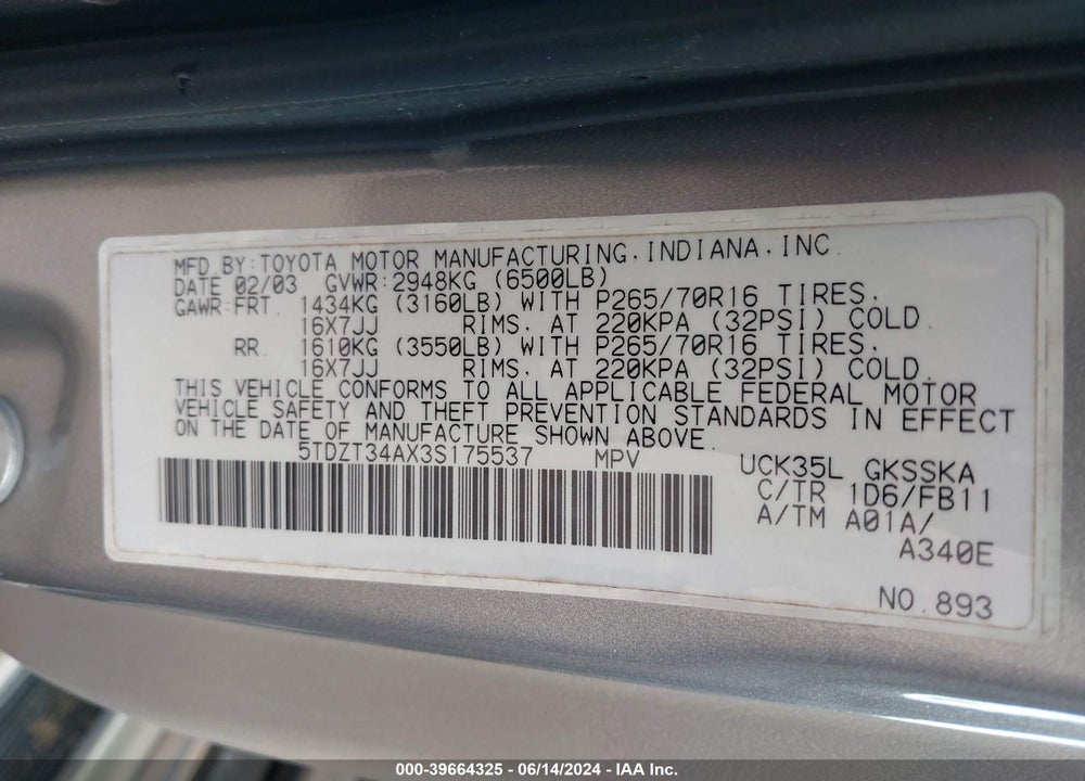 2003 TOYOTA SEQUOIA SR5 V8 VIN: 5TDZT34AX3S175537