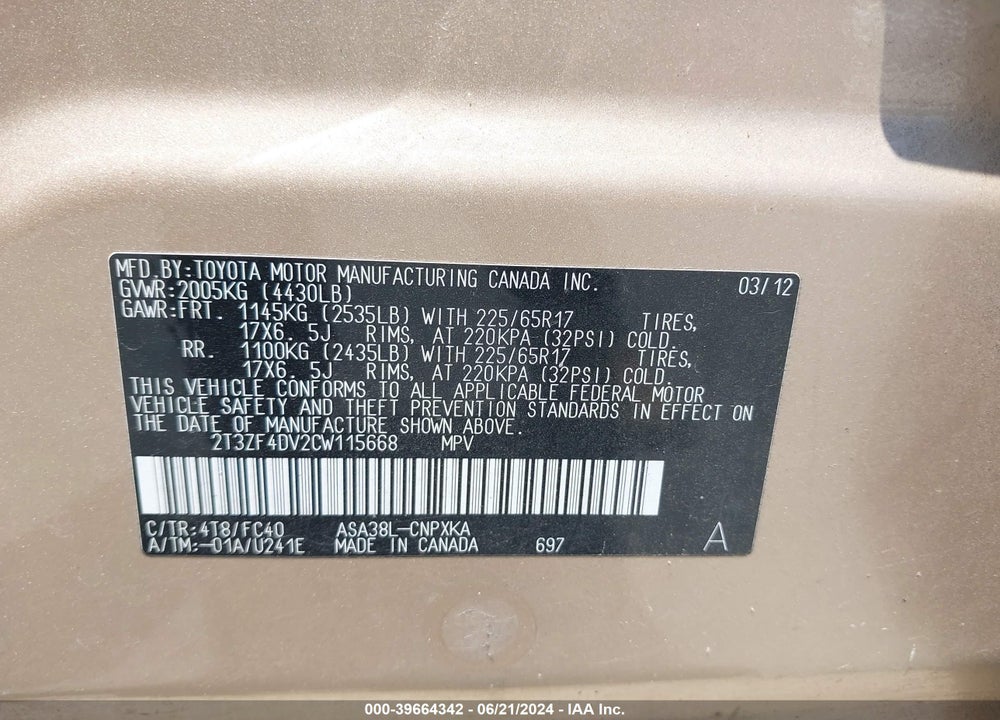 2012 TOYOTA RAV4 VIN: 2T3ZF4DV2CW115668