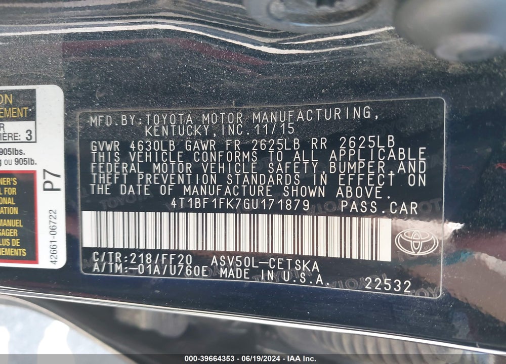 2016 TOYOTA CAMRY SE VIN: 4T1BF1FK7GU171879