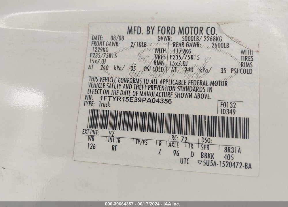2009 FORD RANGER FX4 OFF-ROAD/SPORT/XL/XLT VIN: 1FTYR15E39PA04356