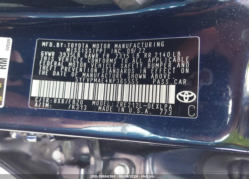 2022 TOYOTA COROLLA LE VIN: 5YFVPMAE4NP365555