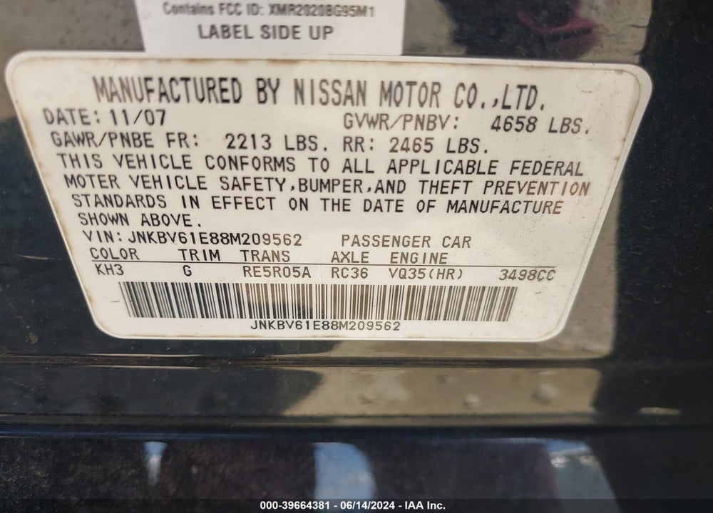 2008 INFINITI G35 JOURNEY VIN: JNKBV61E88M209562