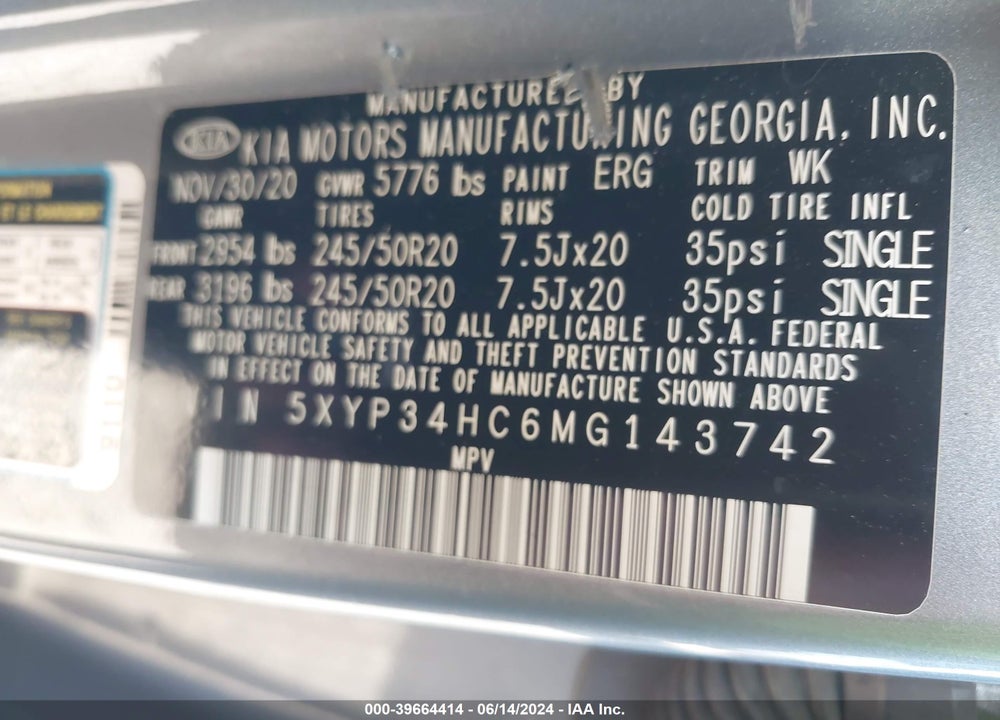 2021 KIA TELLURIDE VIN: 5XYP34HC6MG143742