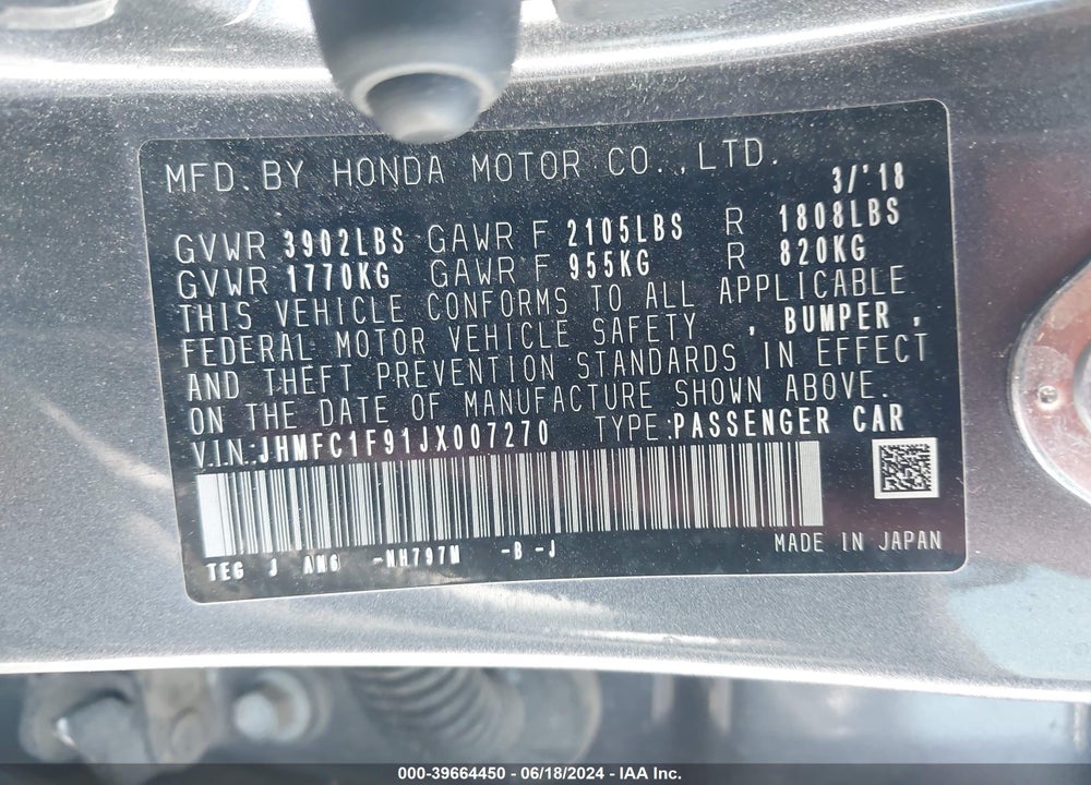 2018 HONDA CIVIC TOURING VIN: JHMFC1F91JX007270