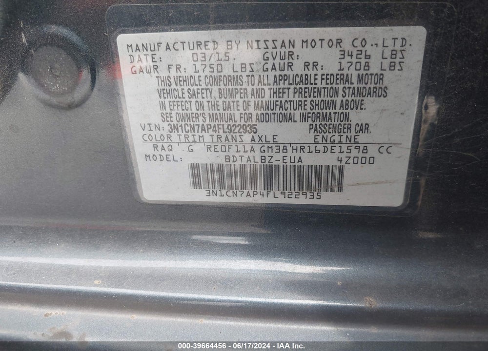 2015 NISSAN VERSA 1.6 SV VIN: 3N1CN7AP4FL922935