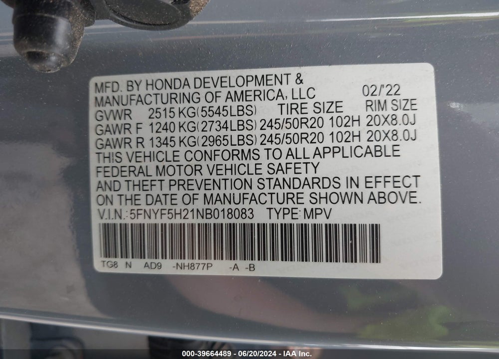 2022 HONDA PILOT 2WD SPECIAL EDITION VIN: 5FNYF5H21NB018083