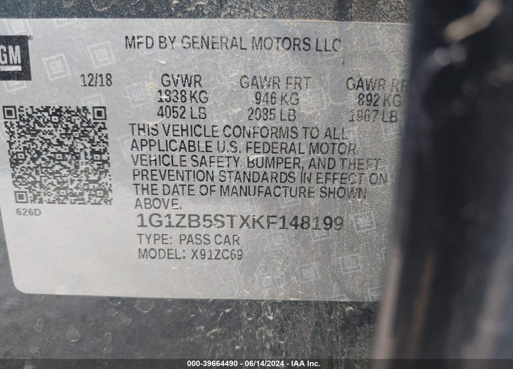 2019 CHEVROLET MALIBU 1LS VIN: 1G1ZB5STXKF148199