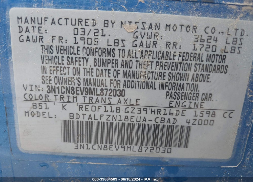 2021 NISSAN VERSA SV XTRONIC CVT VIN: 3N1CN8EV9ML872030