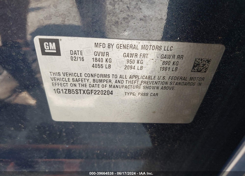2016 CHEVROLET MALIBU VIN: 1G1ZB5STXGF220204