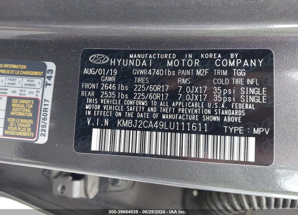 2020 HYUNDAI TUCSON SE VIN: KM8J2CA49LU111611