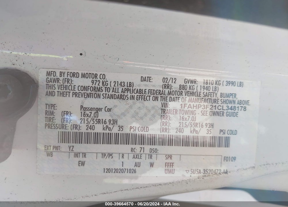 2012 FORD FOCUS SE VIN: 1FAHP3F21CL348178
