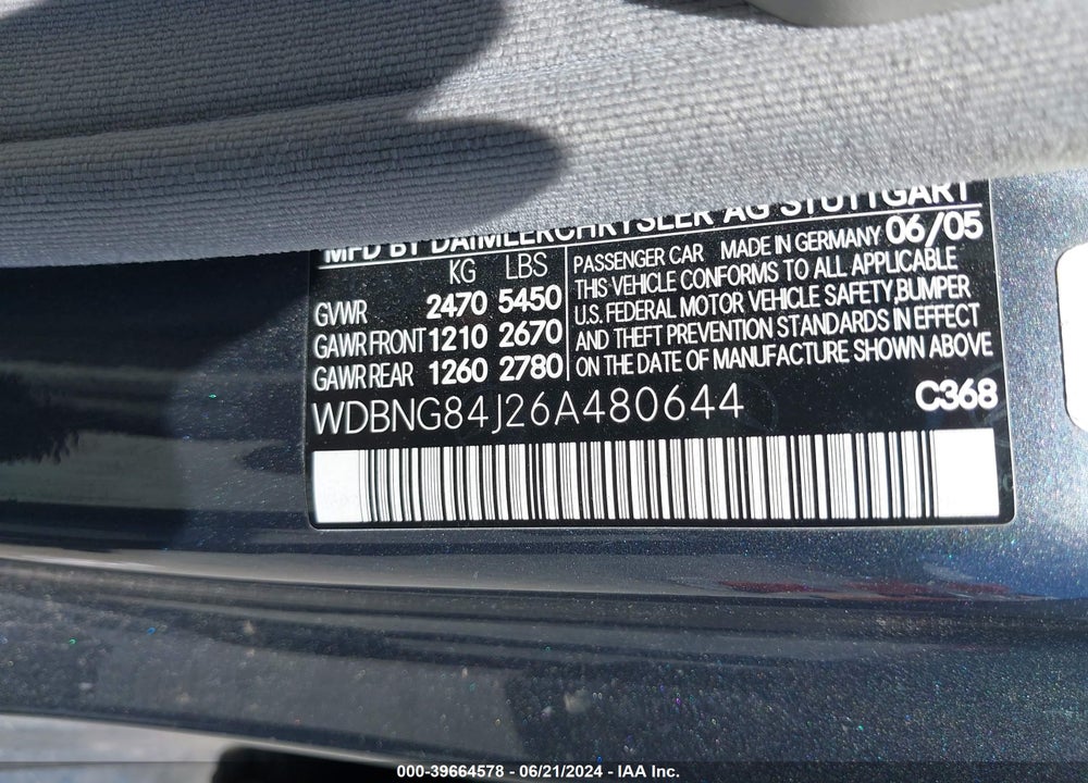 2006 MERCEDES-BENZ S 500 4MATIC VIN: WDBNG84J26A480644