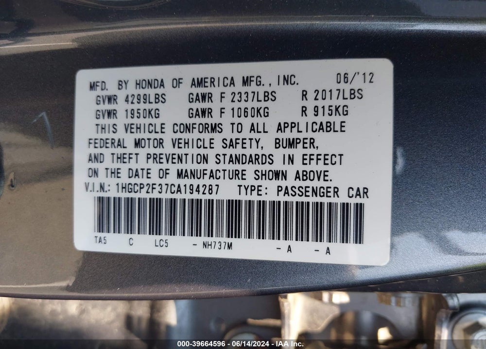 2012 HONDA ACCORD 2.4 LX VIN: 1HGCP2F37CA194287