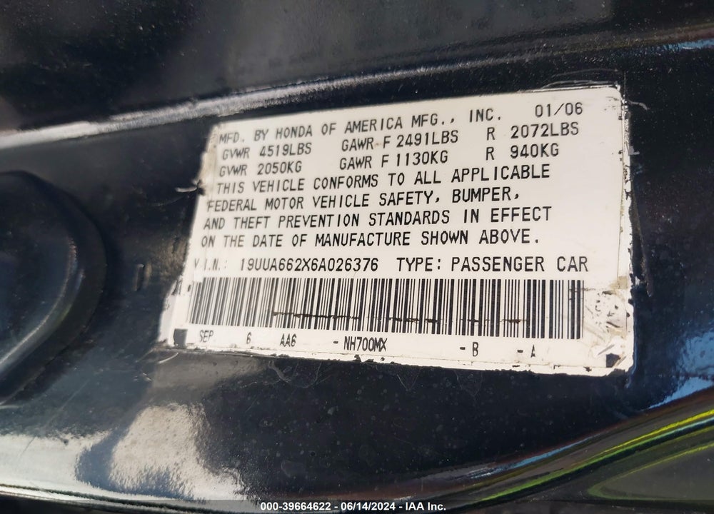 2006 ACURA TL VIN: 19UUA662X6A026376
