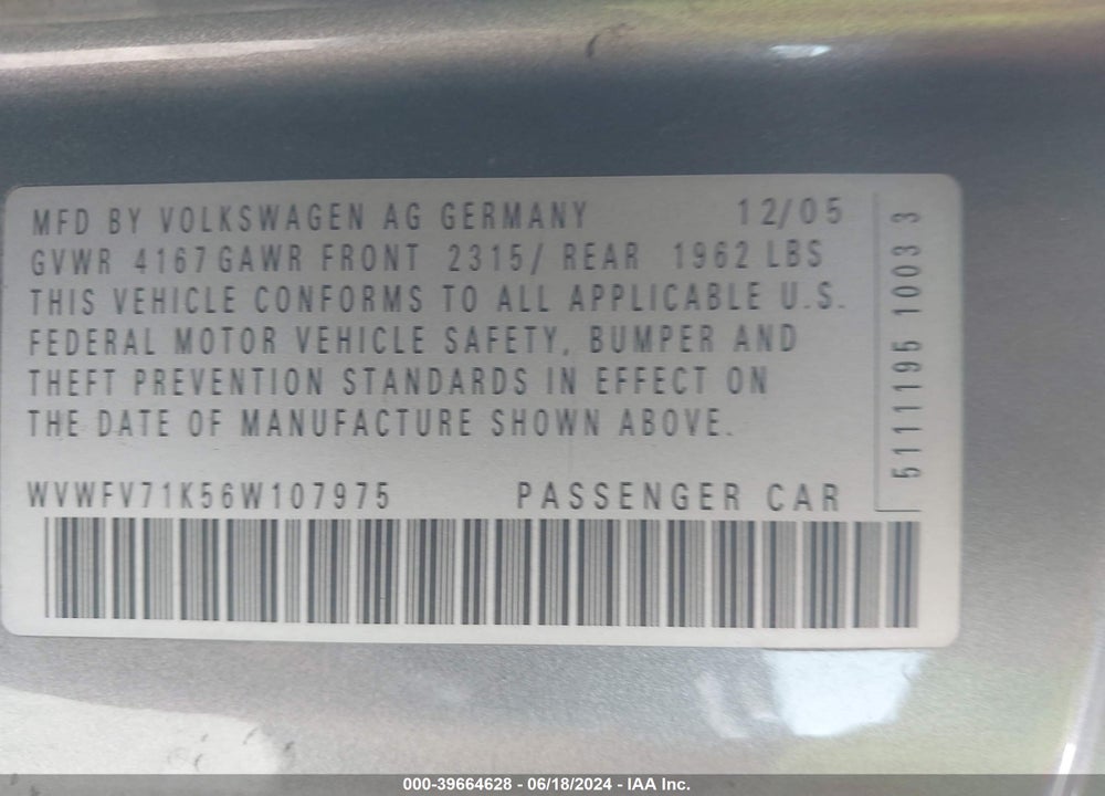 2006 VOLKSWAGEN GTI 2-DOOR VIN: WVWFV71K56W107975