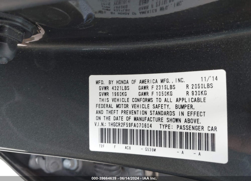 2015 HONDA ACCORD SPORT VIN: 1HGCR2F59FA070604