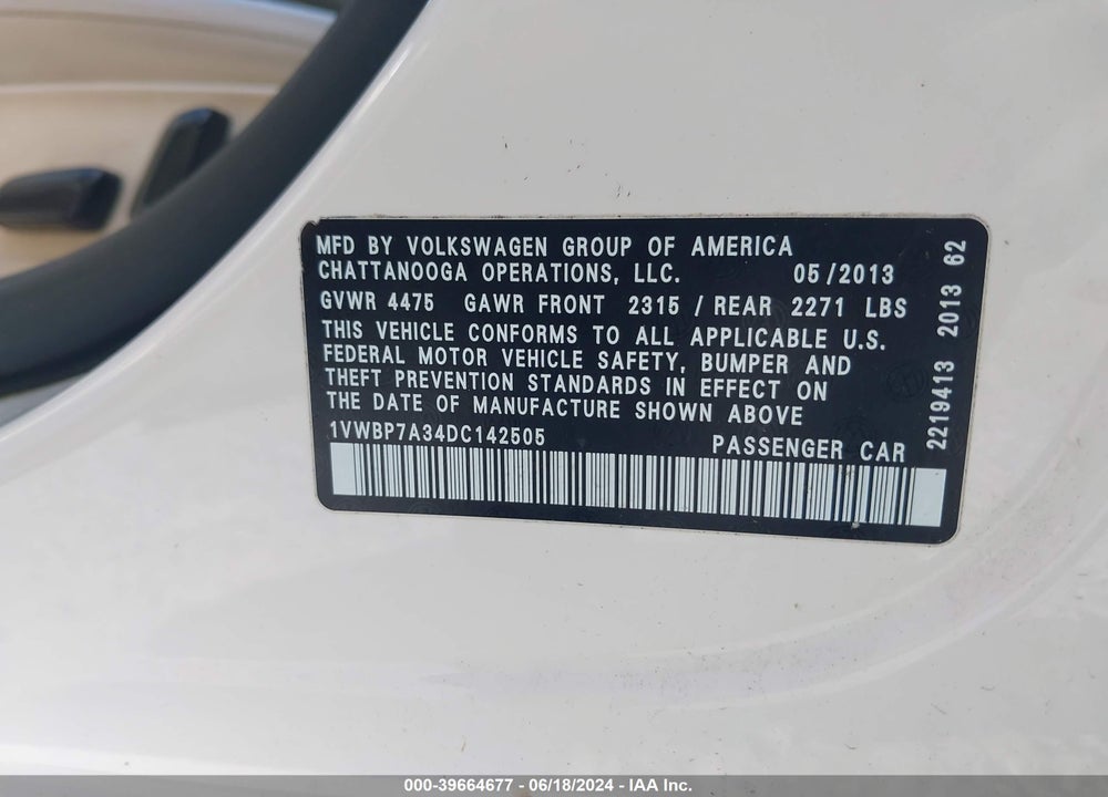 2013 VOLKSWAGEN PASSAT 2.5L SE VIN: 1VWBP7A34DC142505