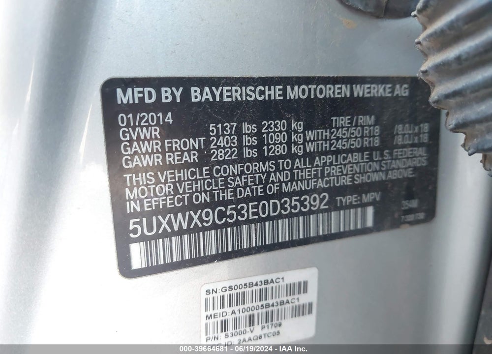 2014 BMW X3 XDRIVE28I VIN: 5UXWX9C53E0D35392